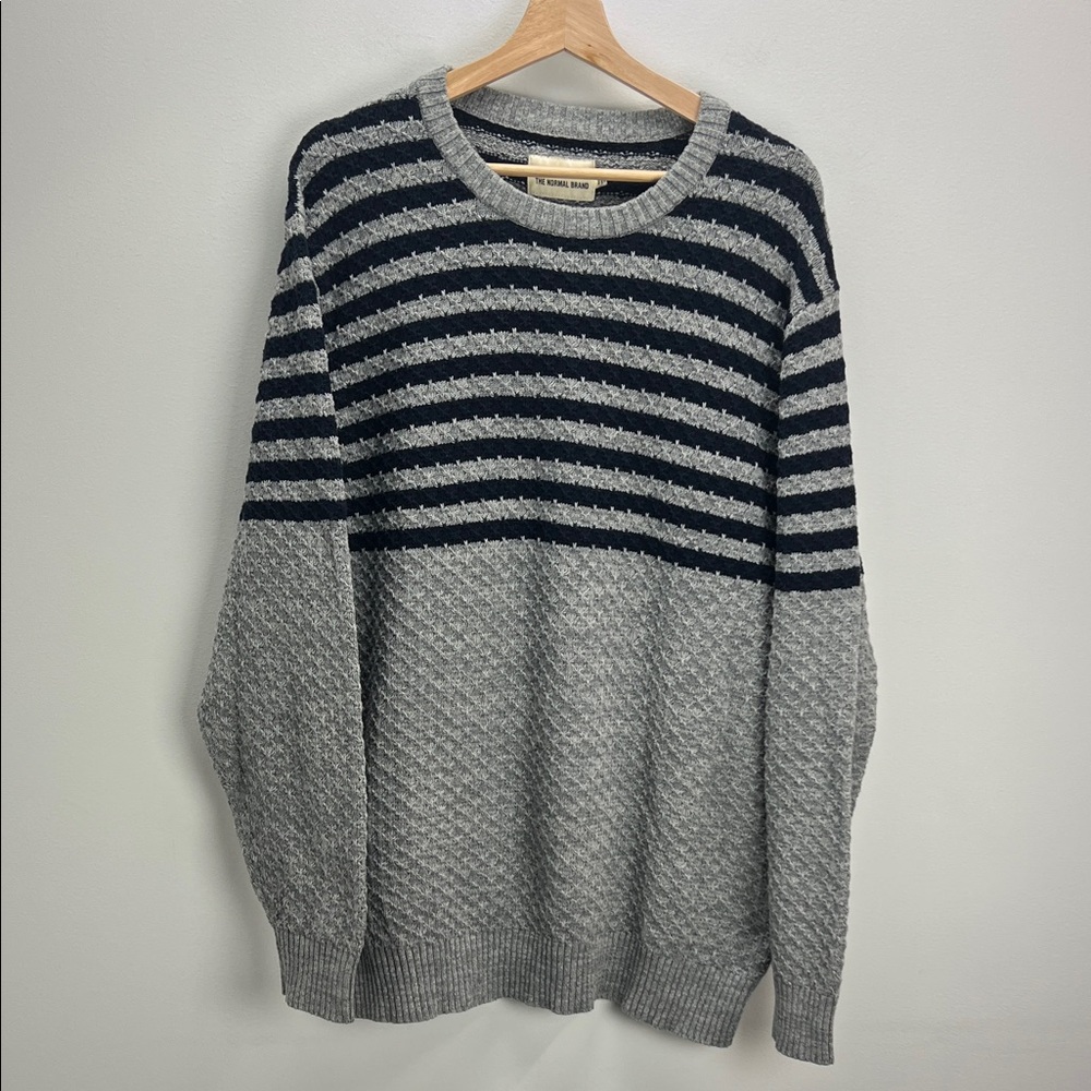 The Normal Brand Cotton Piqué Sweater Gray Blue Striped Knit Crewneck Mens XXL